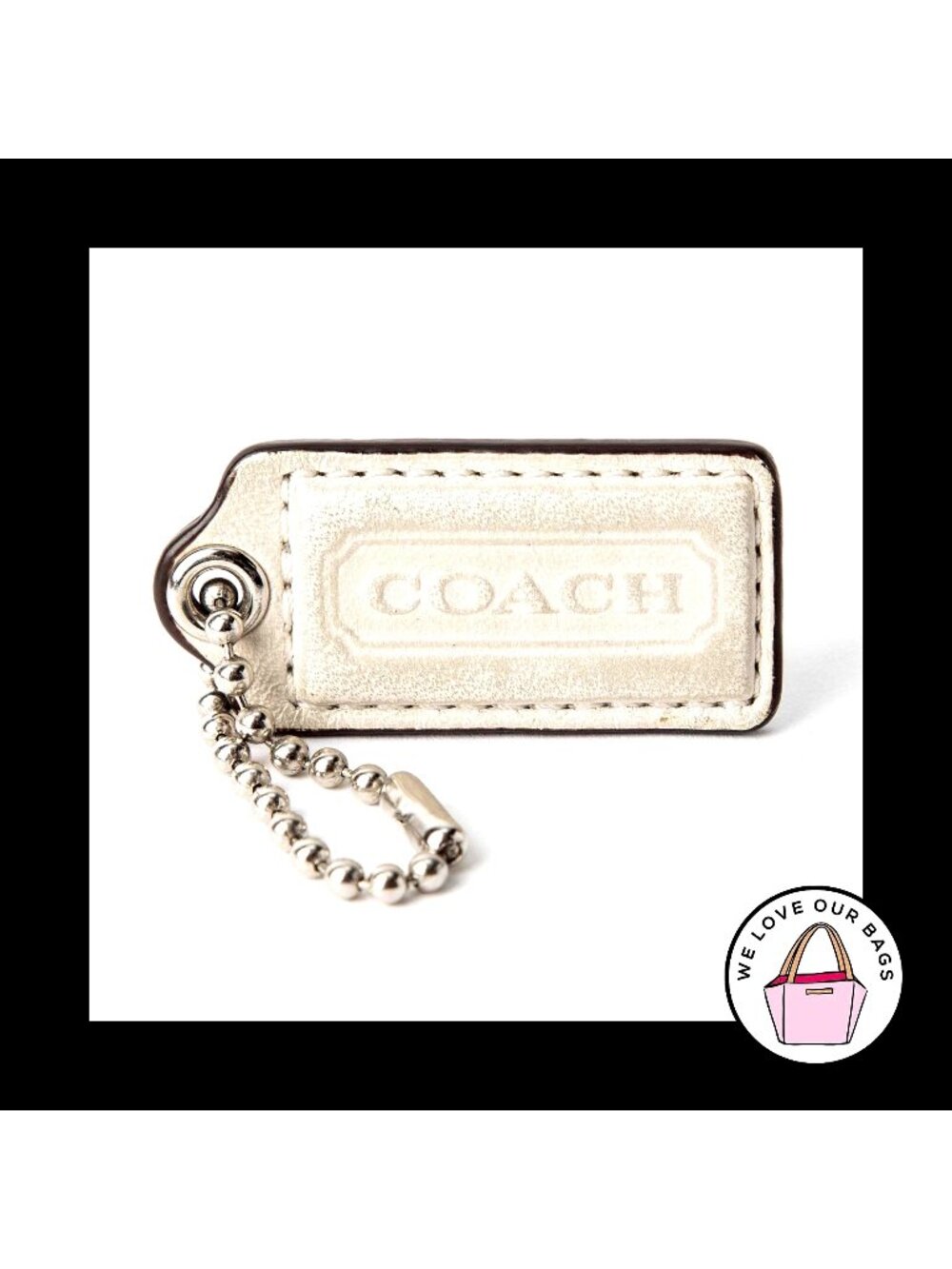 2" Medium COACH White LEATHER Nickel Key Fob Bag Charm Keychain Hang Tag